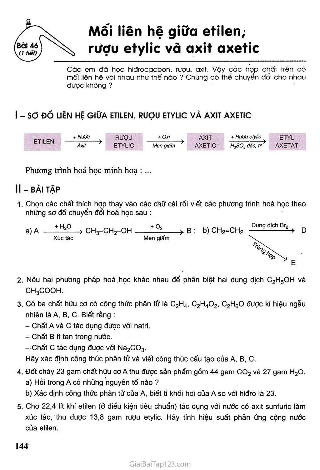 Bài 46: Mối liên hệ giữa etilen, rượu etylic và axit axeitc trang 1