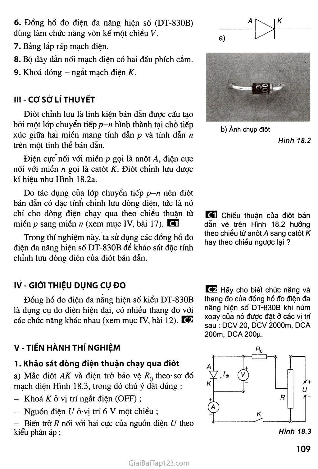 Bài 18. Thực hành: Khảo sát đặc tính chỉnh lưu của điôt bán dẫn và đặc tính khuếch đại của tranzito trang 2