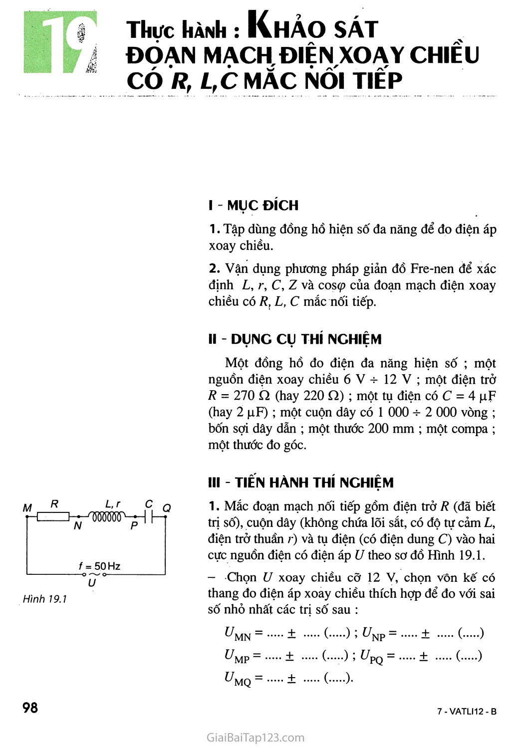 Bài 19. Thực hành: Khảo sát đoạn mạch điện xoay chiều có R, L, C mắc nối tiếp trang 1