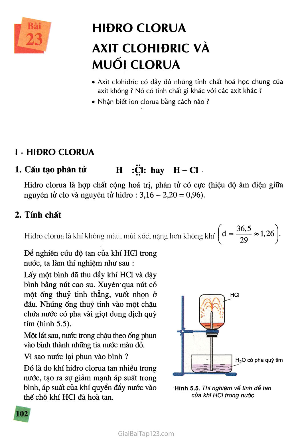 Bài 23. Hiđroclorua - Axit clohiđric và muối clorua trang 1