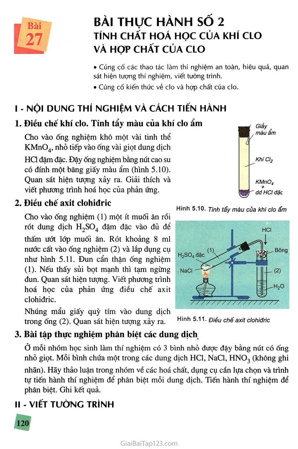 Bài 27. Bài thực hành số 2. Tính chất hóa học của khí clo và hợp chất của clo trang 1