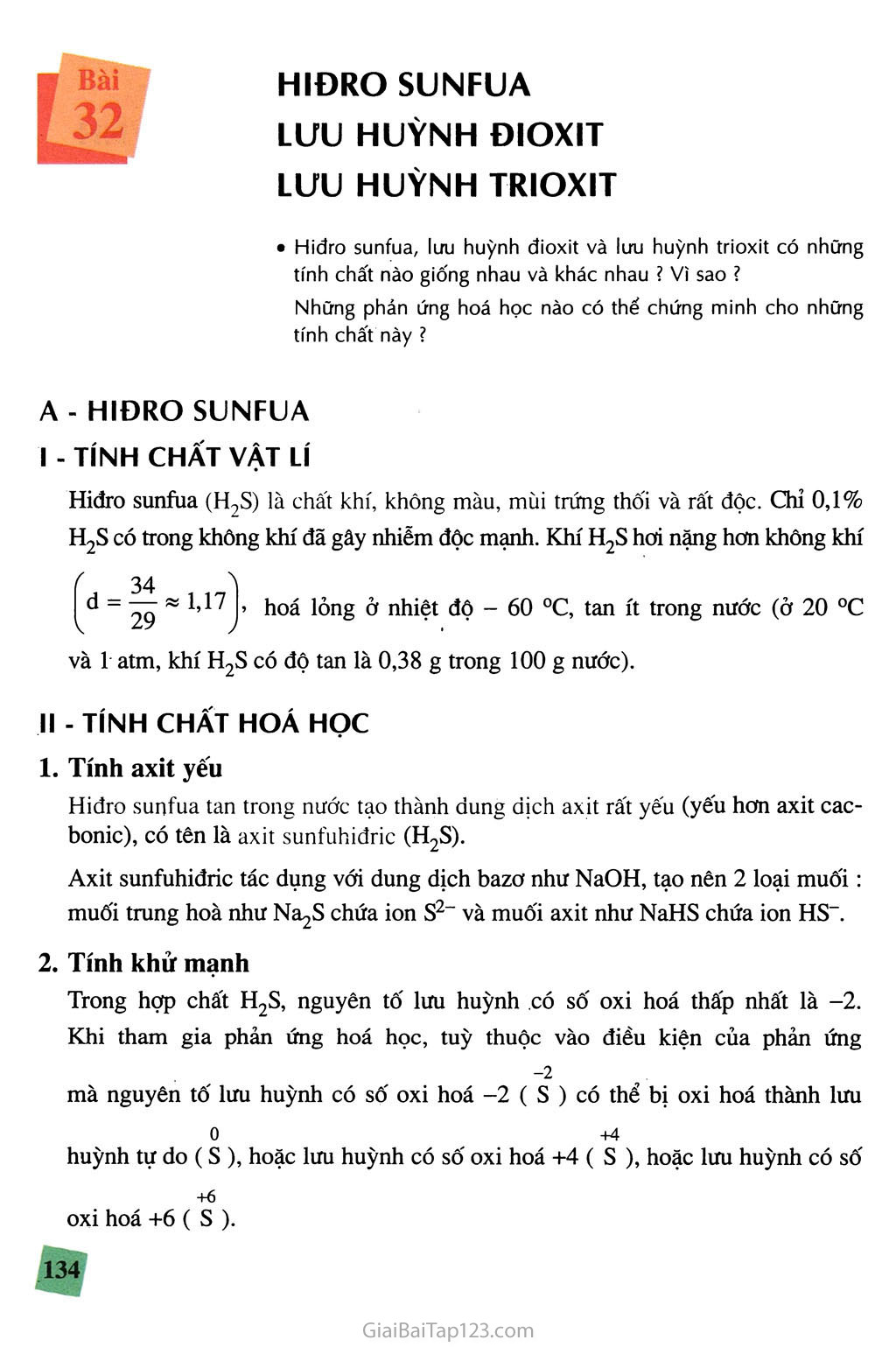 Bài 32. Hiđro sunfua - Lưu huỳnh đioxit - Lưu huỳnh trioxit trang 1