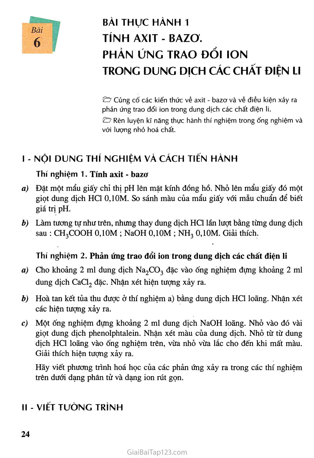 Bài 6: Bài thực hành 1: Tính axit - bazơ - Phản ứng trao đổi ion trong dung dịch các chất điện li trang 1