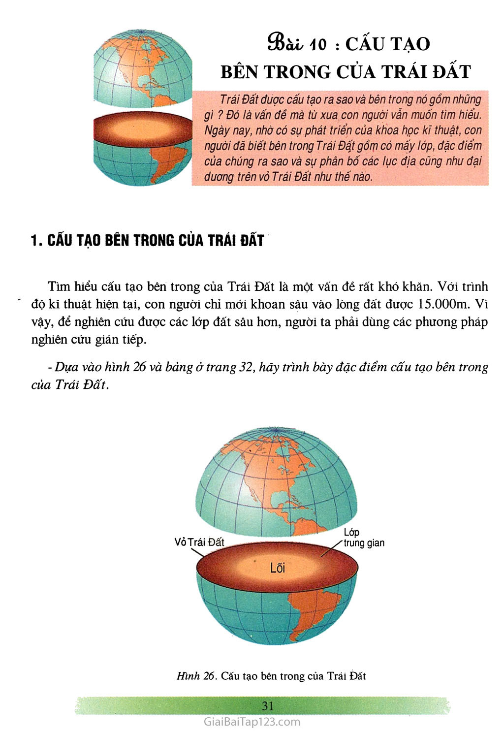 Bài 10: Cấu tạo bên trong của Trái Đất (1 tiết) trang 1