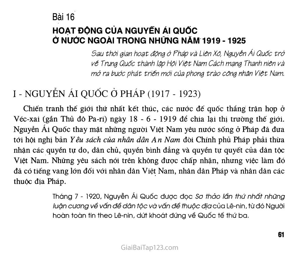 Bài 16 - Hoạt động của Nguyễn Ái Quốc ở nước ngoài trong những năm 1919 - 1925 trang 1