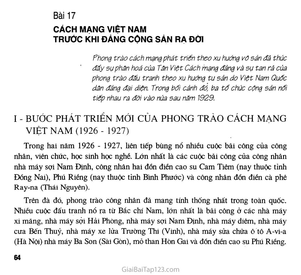 Bài 17 - Cách mạng Việt Nam trước khi Đảng Cộng sản ra đời trang 1