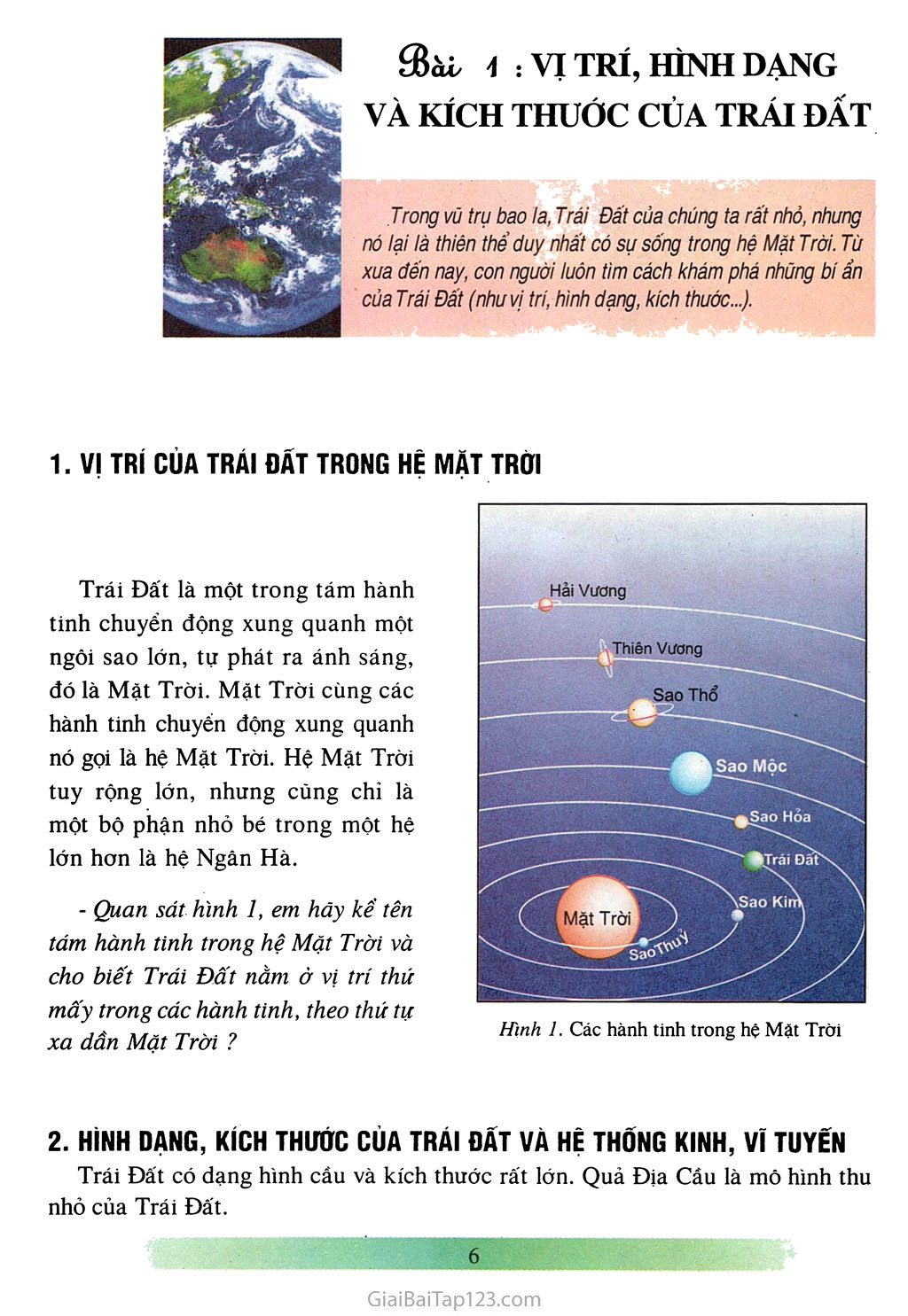 Bài 1: Vị trí, hình dạng và kích thước của Trái Đất (1 tiết) trang 2