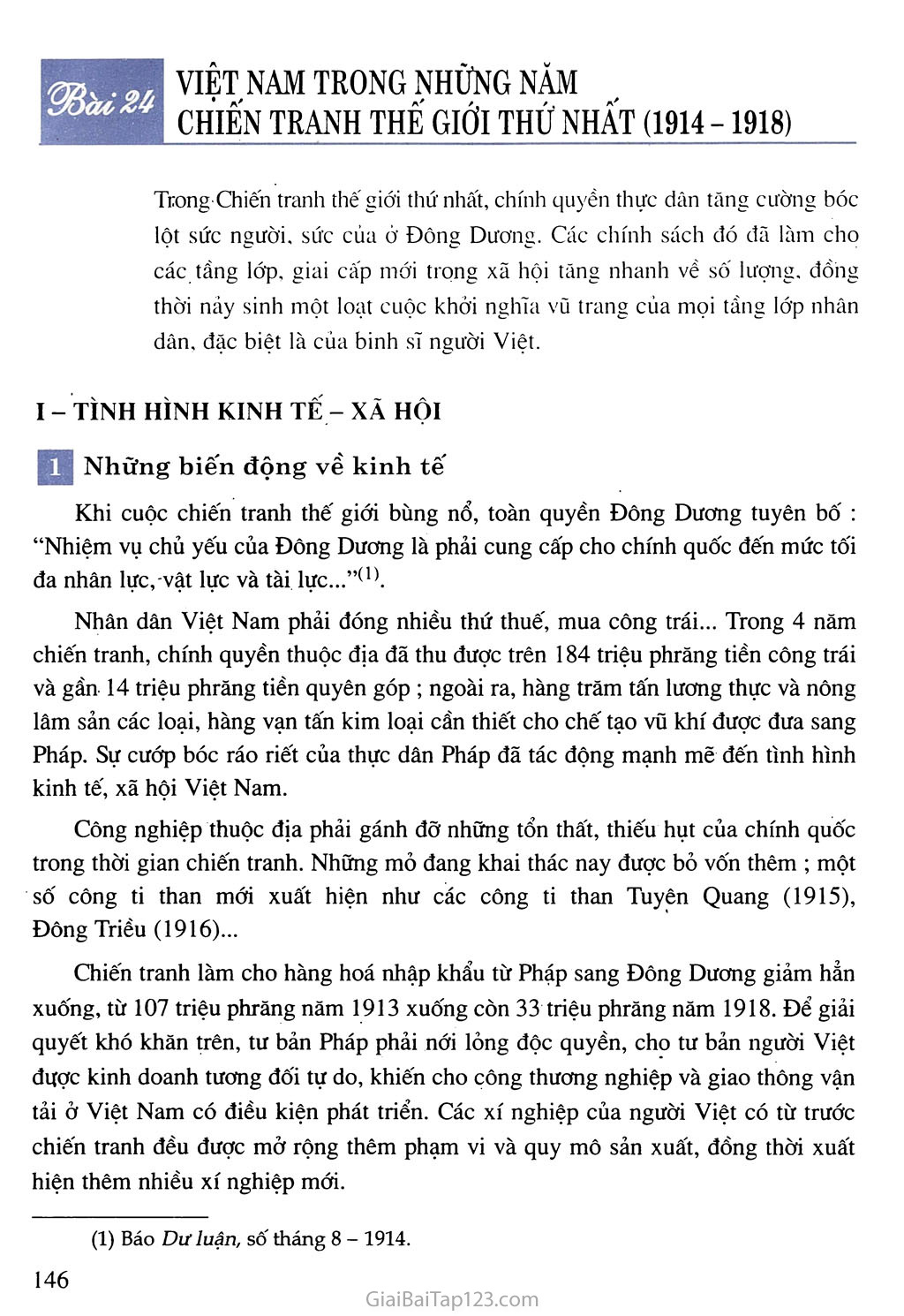 Bài 24. Việt Nam trong những năm Chiến tranh thế giới thứ nhất (1914 - 1918) trang 1