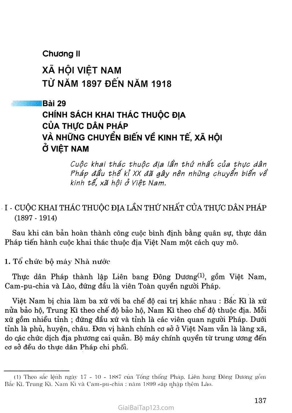 Bài 29: Chính sách khai thác thuộc địa của thực dân Pháp và những chuyển biến về kinh tế, xã hội ở Việt Nam trang 1