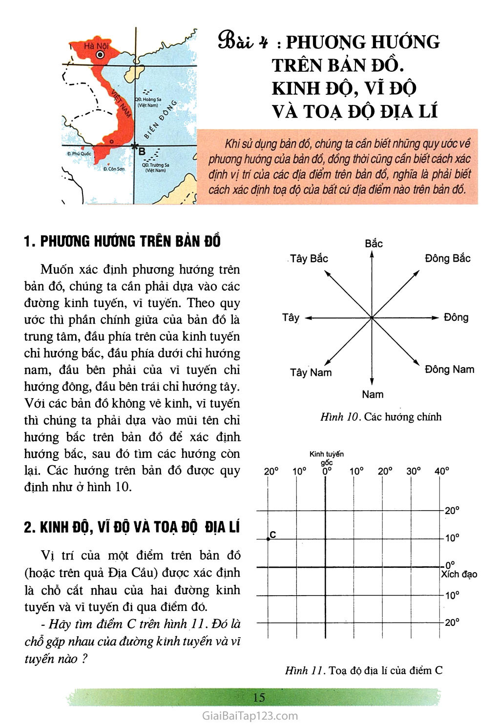 Bài 4: Phương hướng trên bản đồ. Kinh độ, vì độ và tọa độ địa lí (1 tiết) trang 1