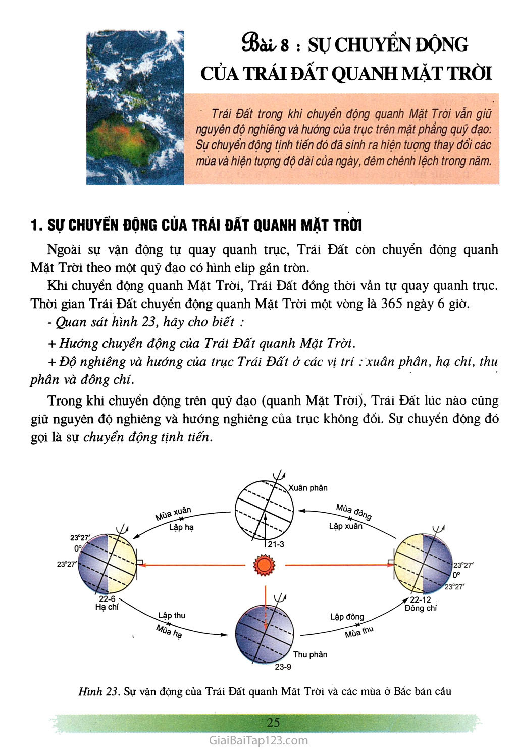 Bài 8: Sự chuyển động của Trái Đất quanh Mặt Trời (1 tiết) trang 1