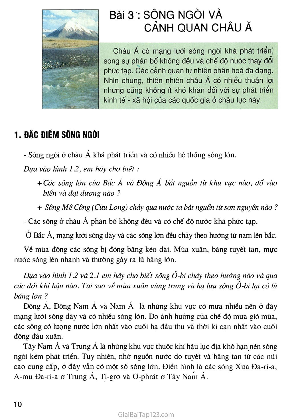 Bài 3. Sông ngòi và cành quan châu Á trang 1