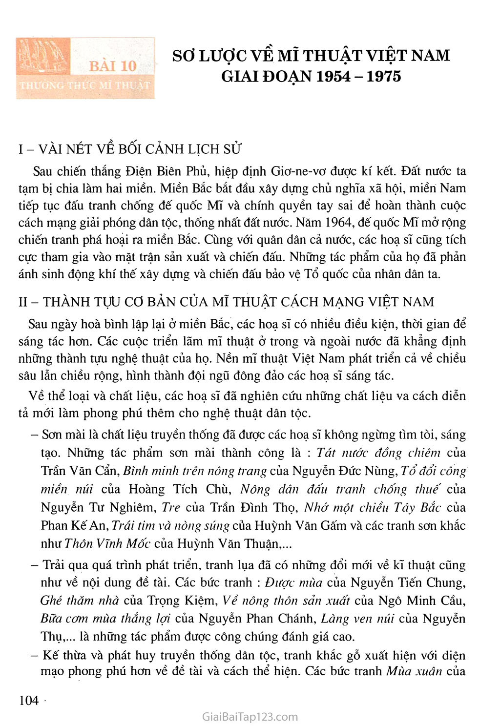 Bài 10. Thường thức mĩ thuật - Sơ lược về mĩ thuật Việt Nam giai đoạn 1954 - 1975 trang 1