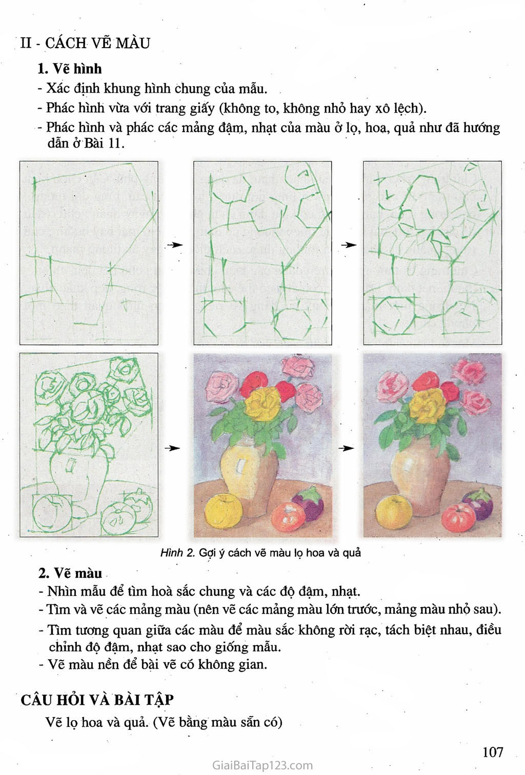 Bài 12. Vẽ theo mẫu - Lọ hoa và quả (Vẽ màu) trang 2