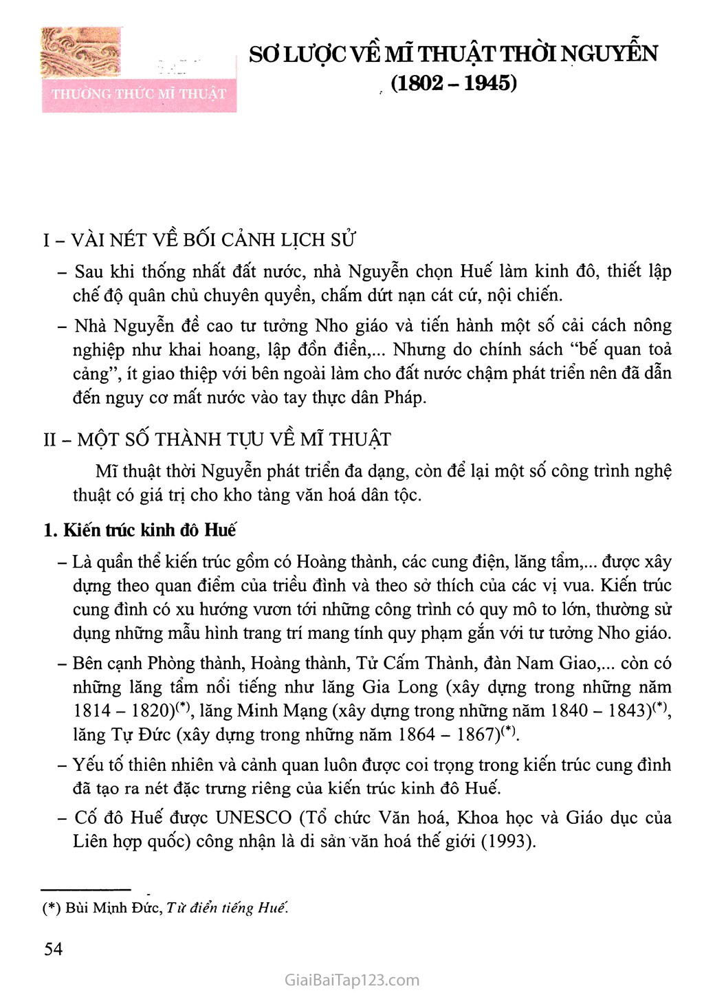 Bài 1 Thưởng thức mĩ thuật Sơ lược về mĩ thuật thời Nguyễn (1802-1945) trang 1