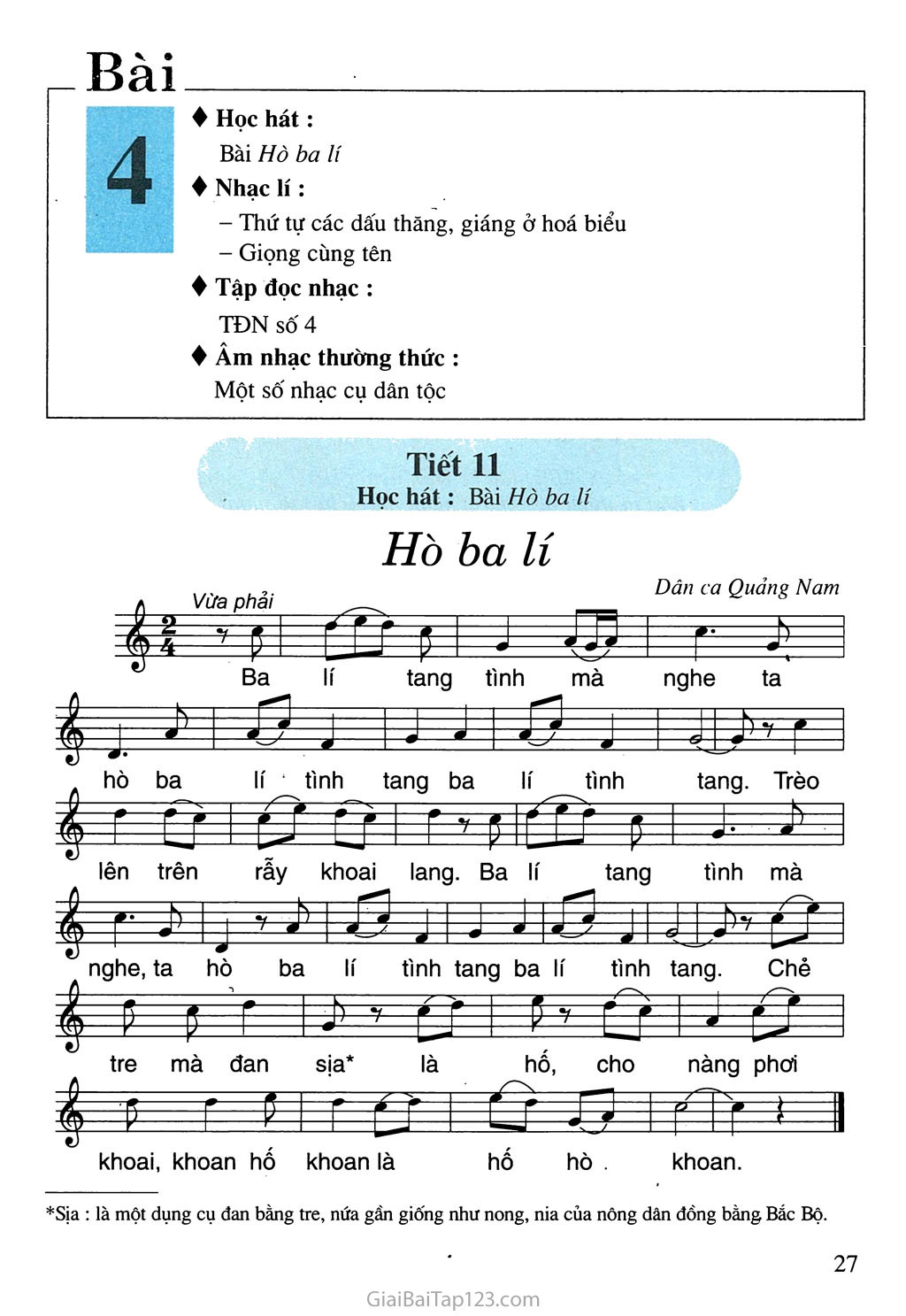 Tiết 11. Học hát: Bài Hò ba lí trang 1