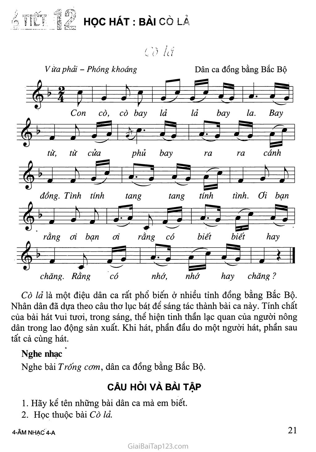 Tiết 12. Học hát: Bài Cò lả trang 1