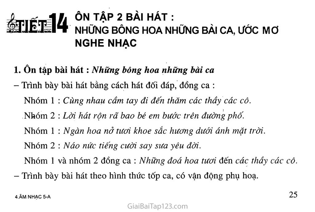 Tiết 14. Ôn tập 2 bài hát: Những bông hoa những bài ca, ước mơ - Nghe nhạc trang 1 Tiết 14. Ôn tập 2 bài hát: Những bông hoa những bài ca, ước mơ - Nghe nhạc trang 1