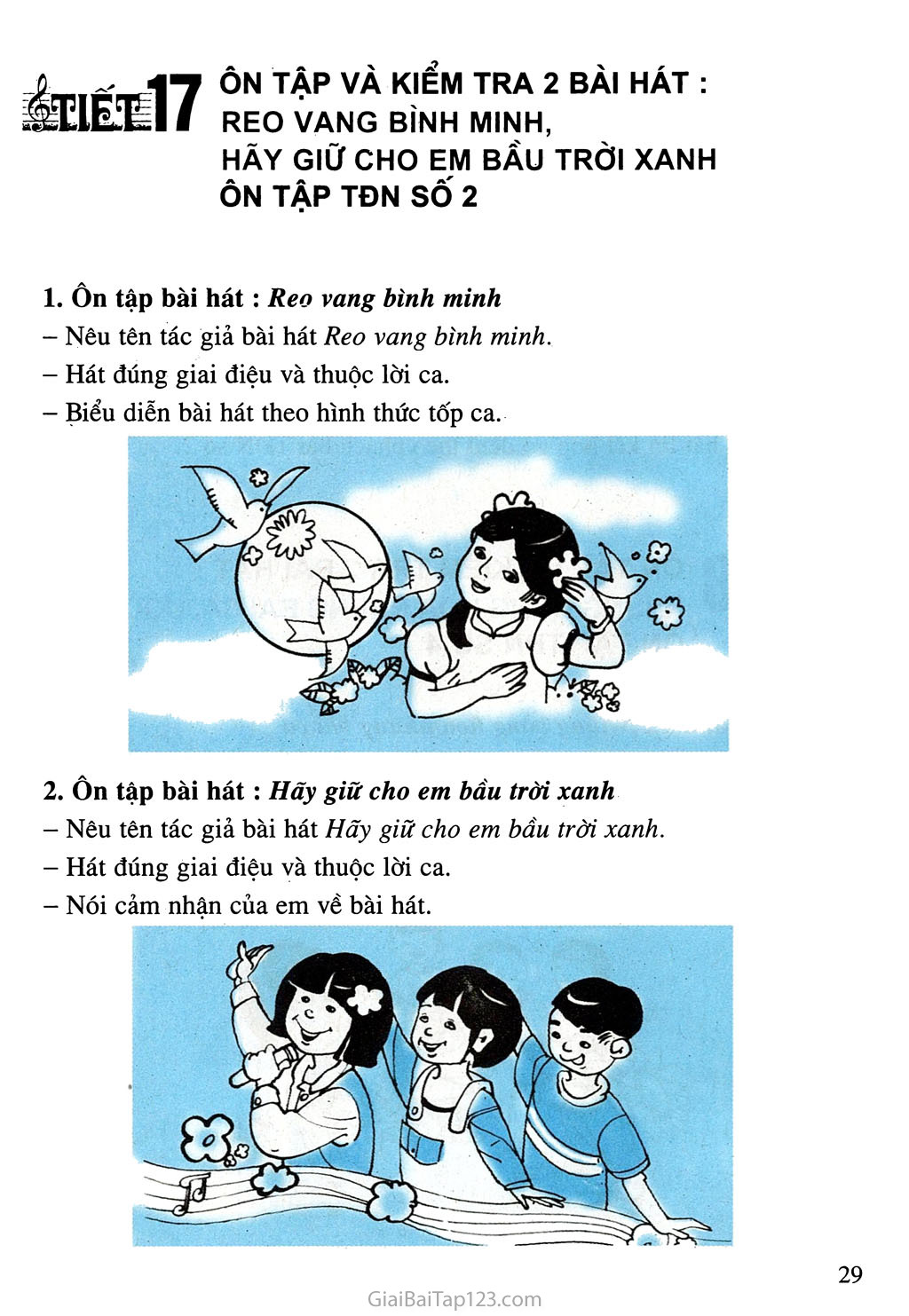 Tiết 17. Ôn tập và kiểm tra 2 bài hát: Reo vang bình minh, Hãy giữ cho em bầu trồi xanh - Ôn tập TĐN số 2 trang 1 Tiết 17. Ôn tập và kiểm tra 2 bài hát: Reo vang bình minh, Hãy giữ cho em bầu trồi xanh - Ôn tập TĐN số 2 trang 1