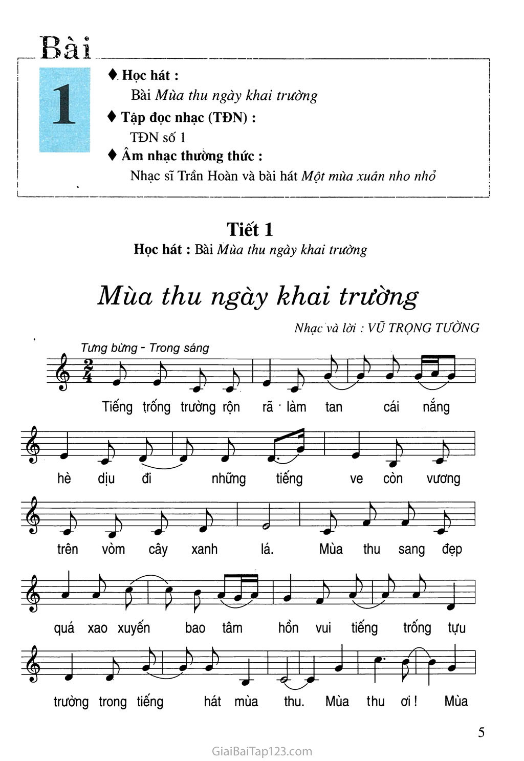 Tiết 1. Học hát: Bài Mùa thu ngày khai trường trang 1