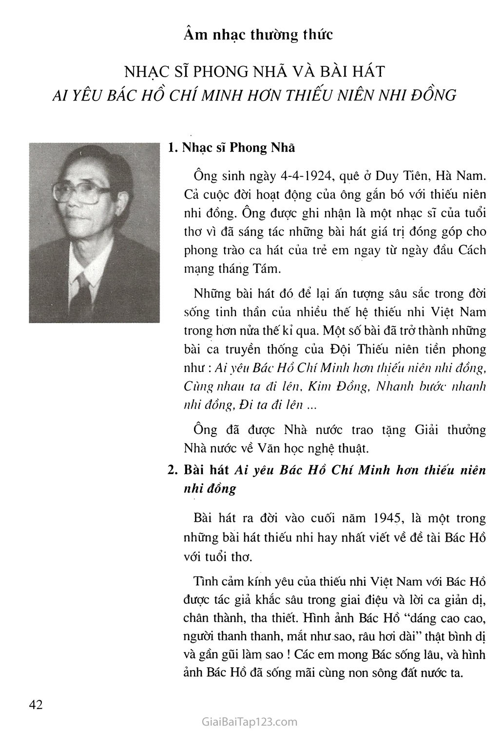 Tiết 21. Âm nhạc thưởng thức: Nhạc sĩ Phong Nhã và bài hát Ai yêu Bác Hồ Chí Minh hơn thiếu niên nhi đồng trang 2