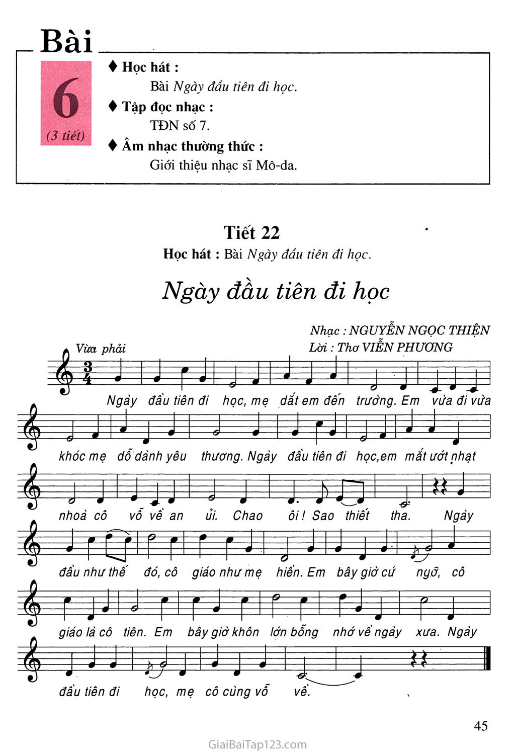 Tiết 22. Học hát: Bài Ngày đầu tiên đi học trang 1