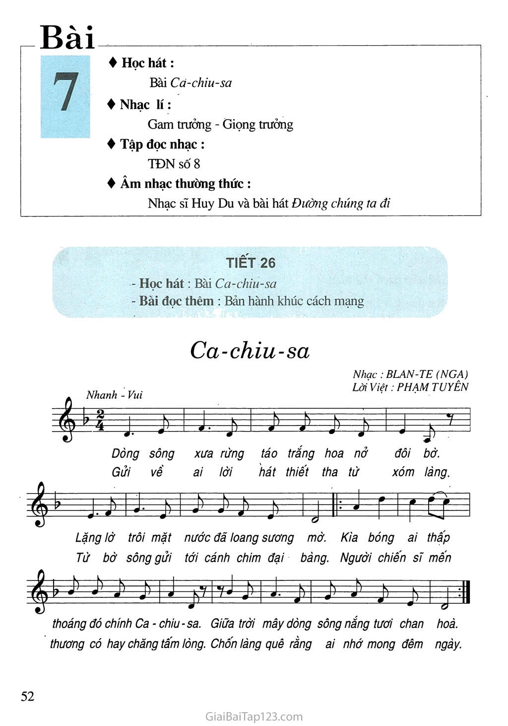 Tiết 26. Học hát: Bài Ca - chiu - sa - Bài đọc thêm: Bản hành khúc cách mạng trang 1