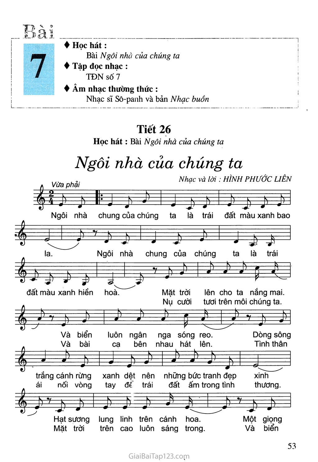 Tiết 26. Học hát: Bài Ngôi nhà của chúng ta trang 1