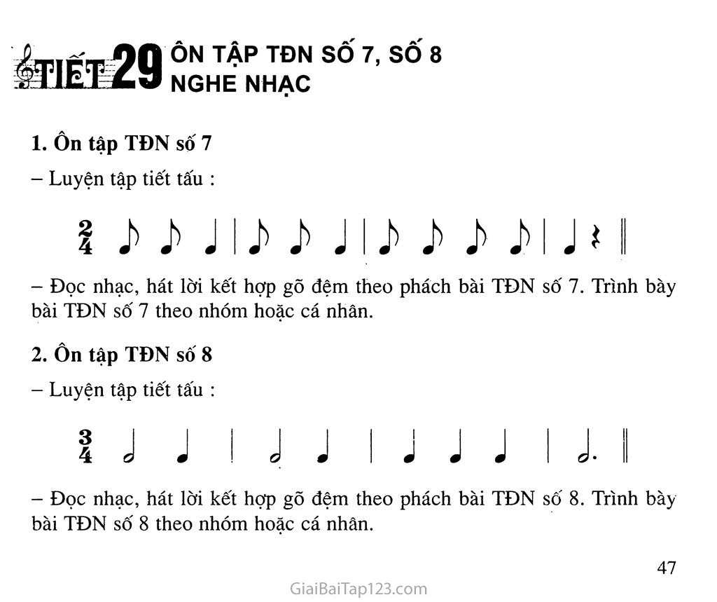 Tiết 29. Ôn tập TĐN số 7, số 8 - Nghe nhạc trang 1