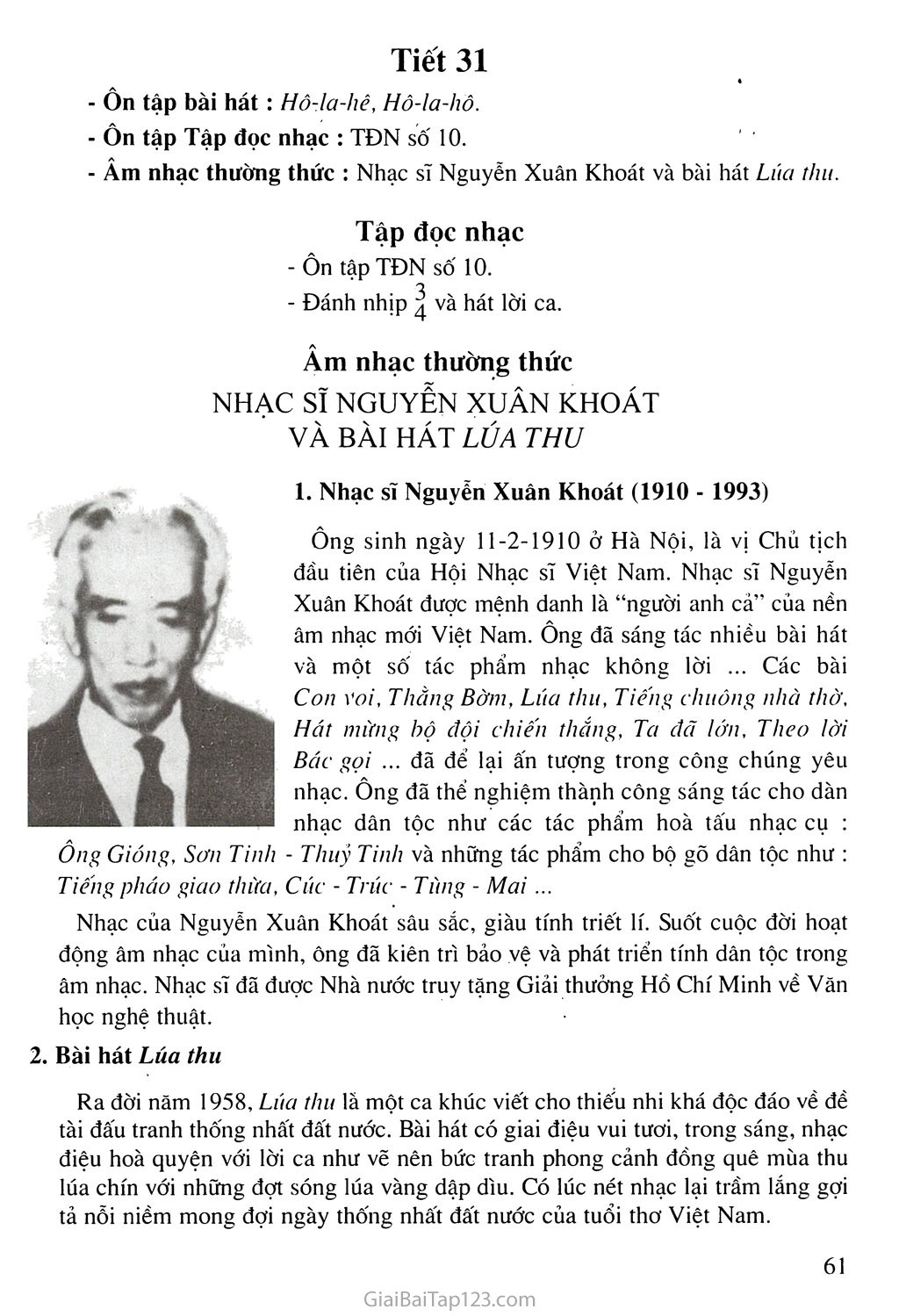 Tiết 31. Âm nhạc thưởng thức: Nhạc sĩ Nguyễn Xuân Khoát và bài hát Lúa thu trang 1