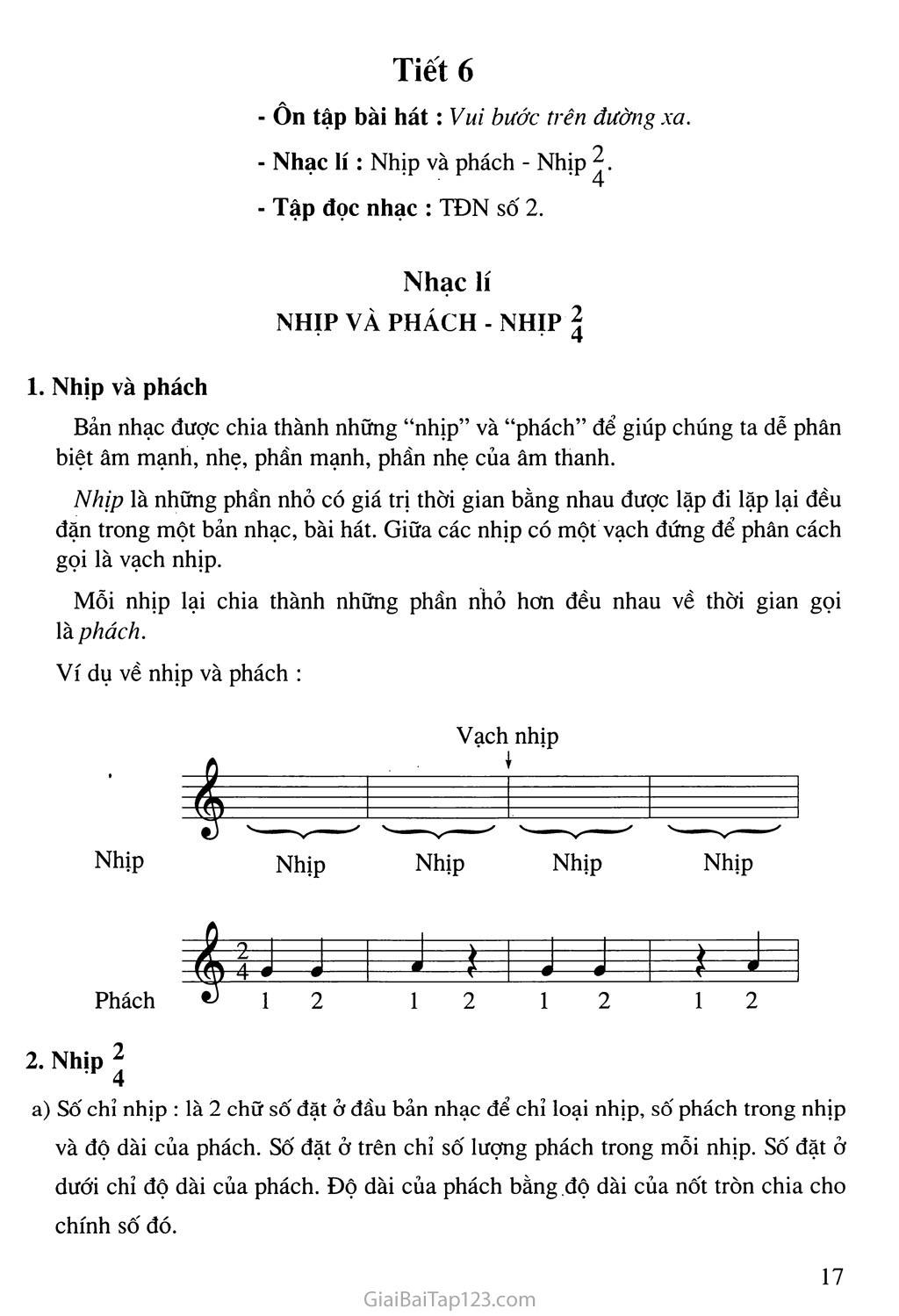 Tiết 6. Nhạc lí: Nhịp và phách - Nhịp 2/4. Tập đọc nhạc: TĐN số 2 trang 1