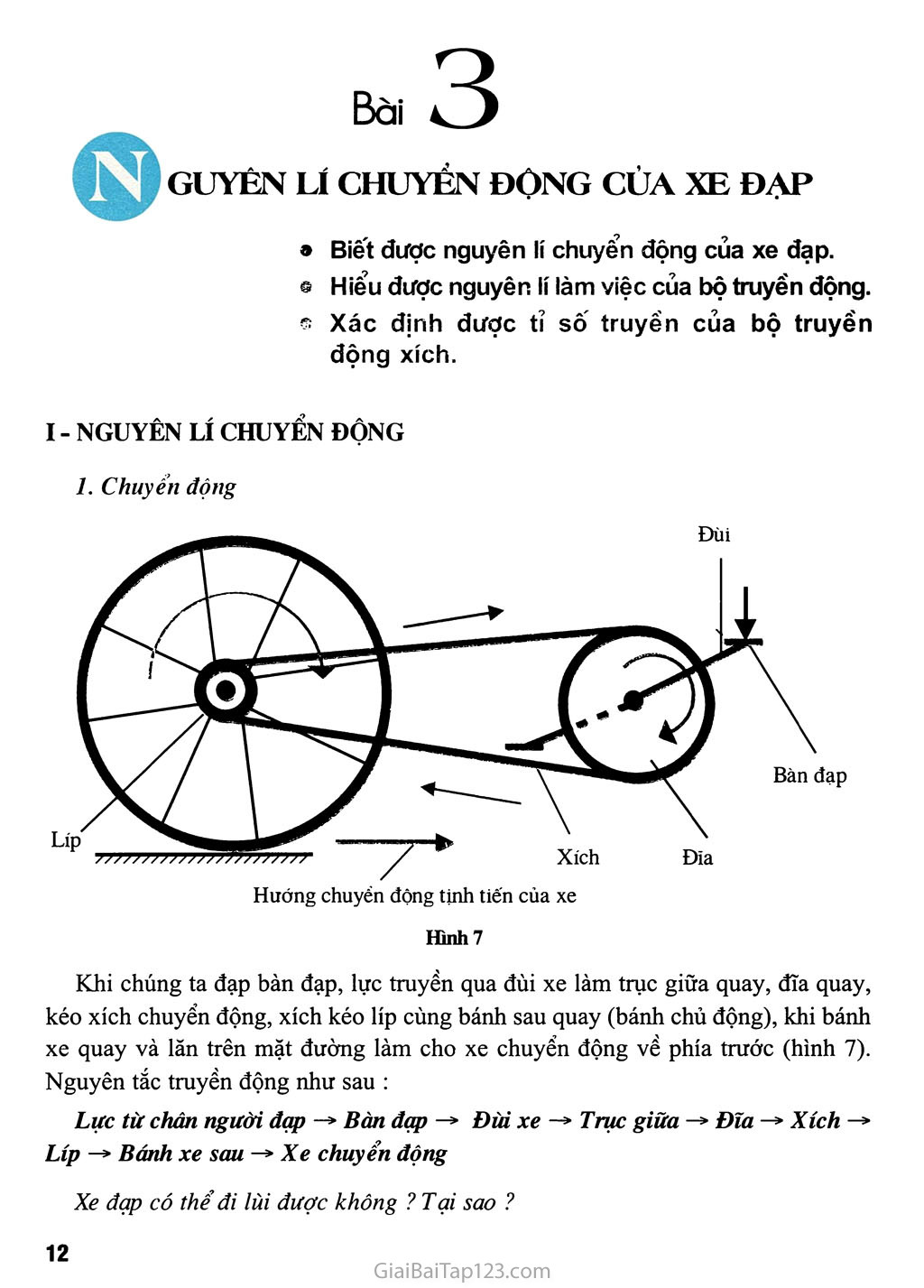 Bài 3. Nguyên lí chuyển động của xe đạp trang 1