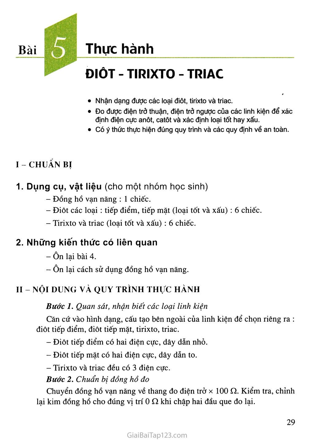 Bài 5. Thực hành - Điốt - Tirixto - Triac trang 1
