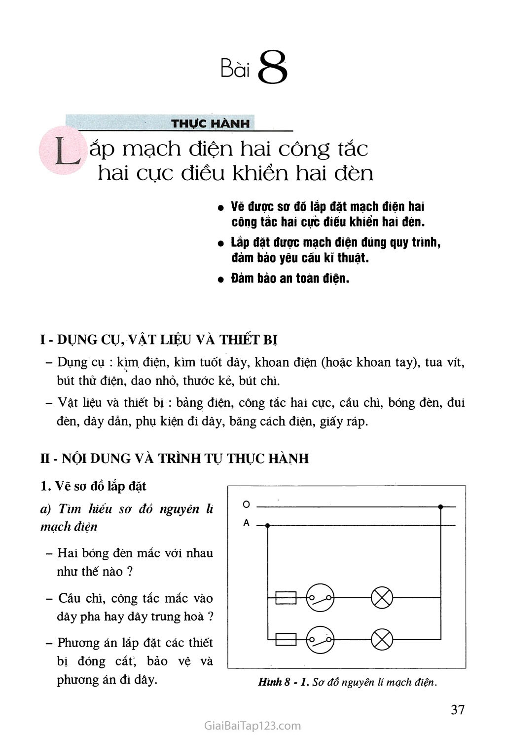 Bài 8. Thực hành: Lắp mạch điện hai công tắc hai cực điều khiển hai đèn trang 1