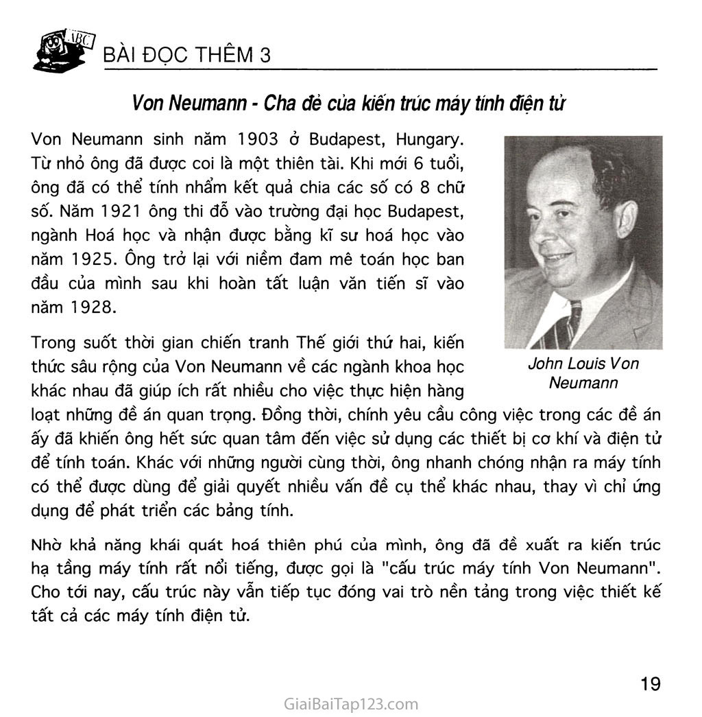 Bài đọc thêm 3. Von Neumann - Cha đẻ của kiến trúc máy tính điện tử trang 1