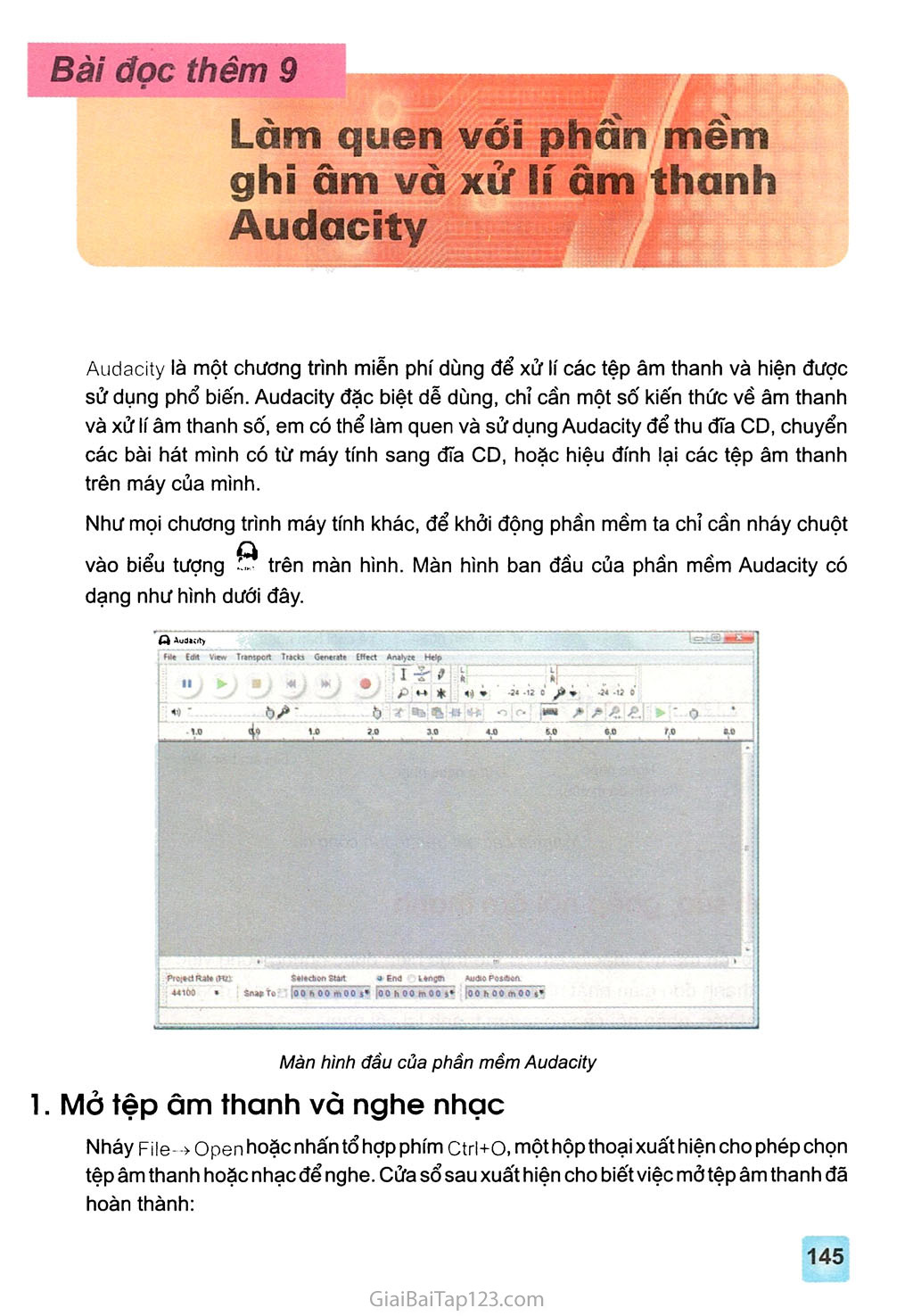 Bài đọc thêm 9. Làm quen với phần mềm ghi âm và xử lí âm thanh Audacity trang 1