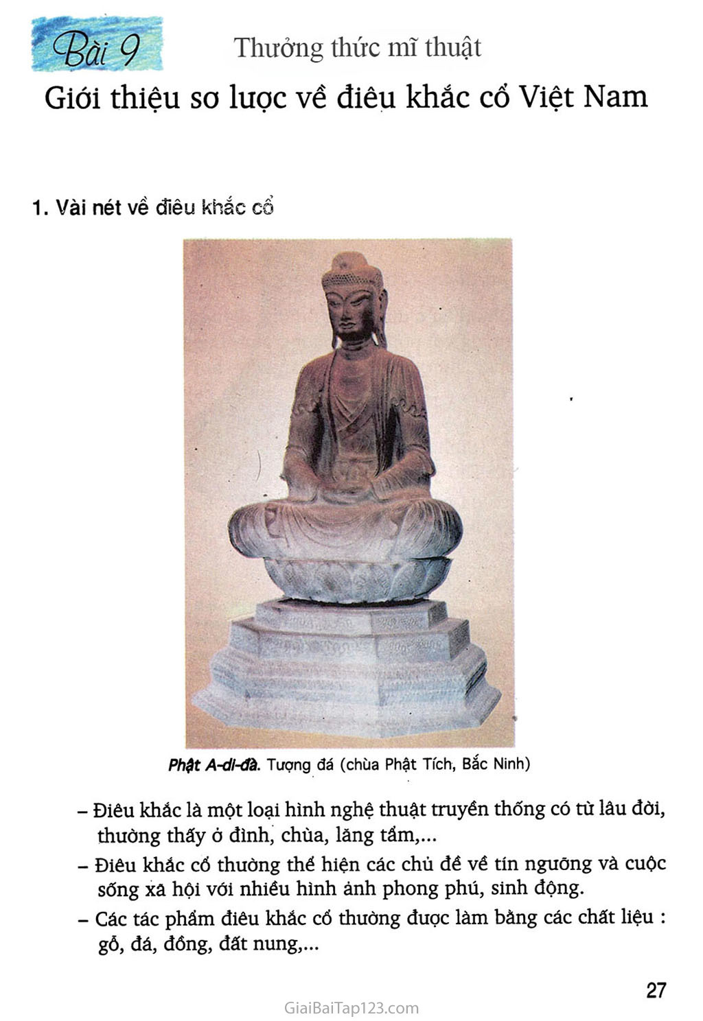 Bài 9: Thường thức mĩ thuật - Giới thiệu sơ lược về điêu khắc cổ Việt Nam trang 1