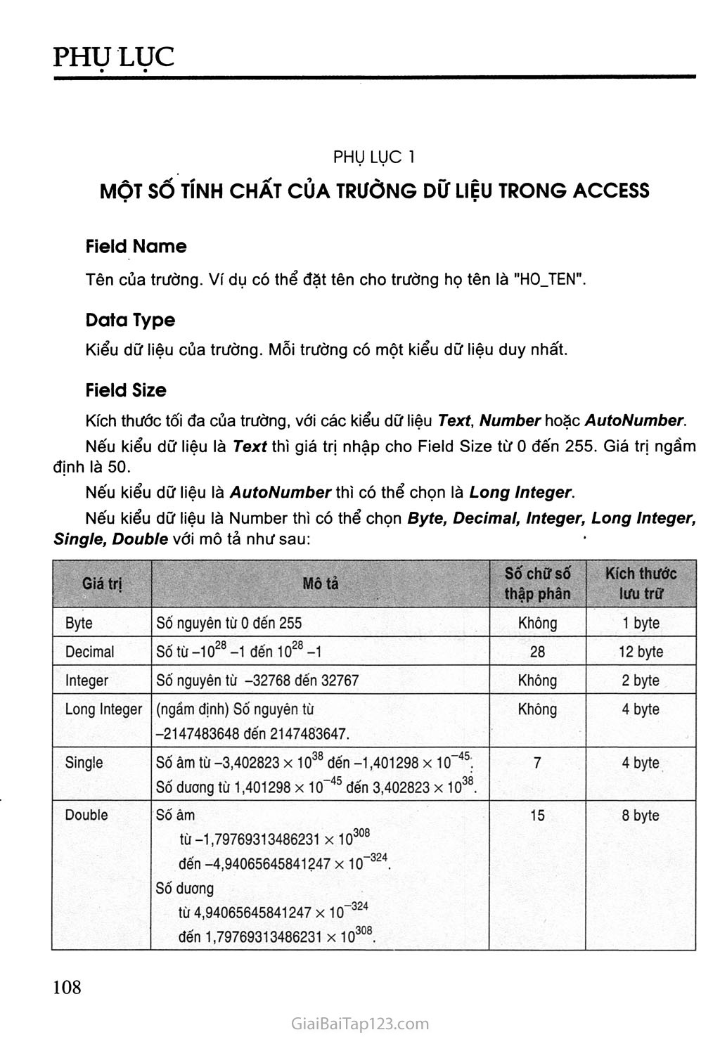 Có những kiểu dữ liệu nào trong Access có thể sử dụng Field Size?
