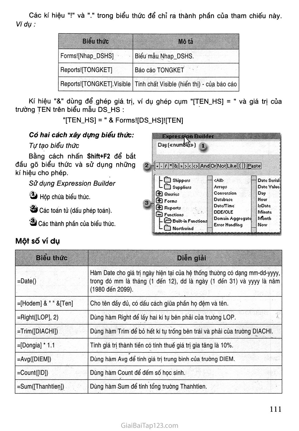 SGK Tin Học 12 - Phụ lục 2. Biểu thức trong Access