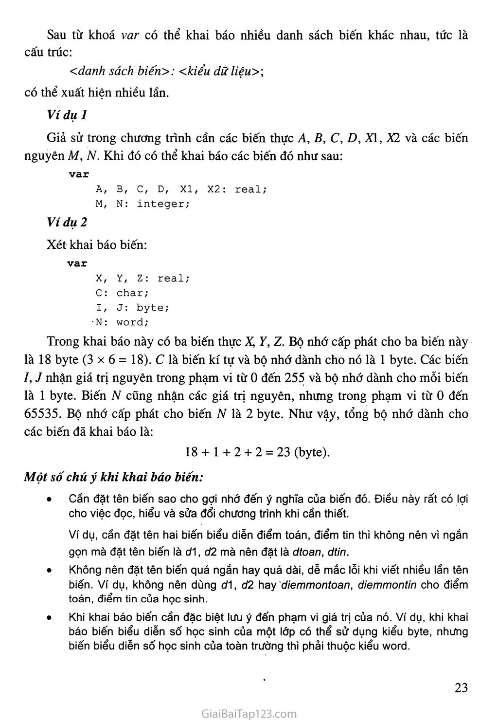 SGK Tin Học 11 - Bài 5. Khai báo biến
