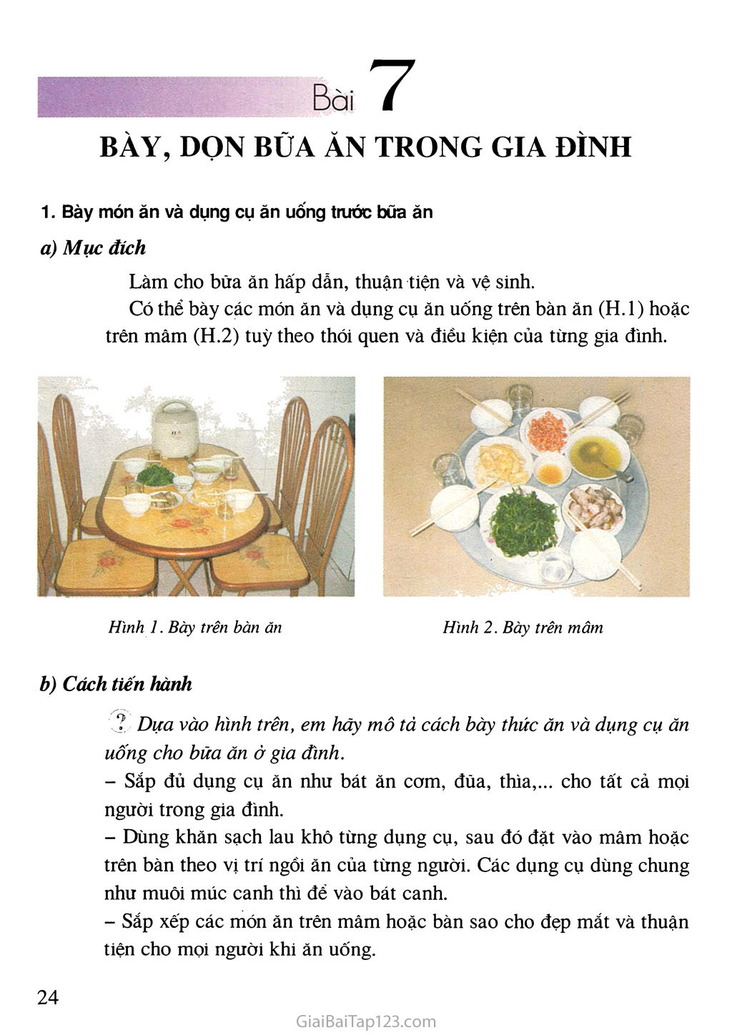 Bài 7. Bày, dọn bữa ăn trong gia đình trang 1