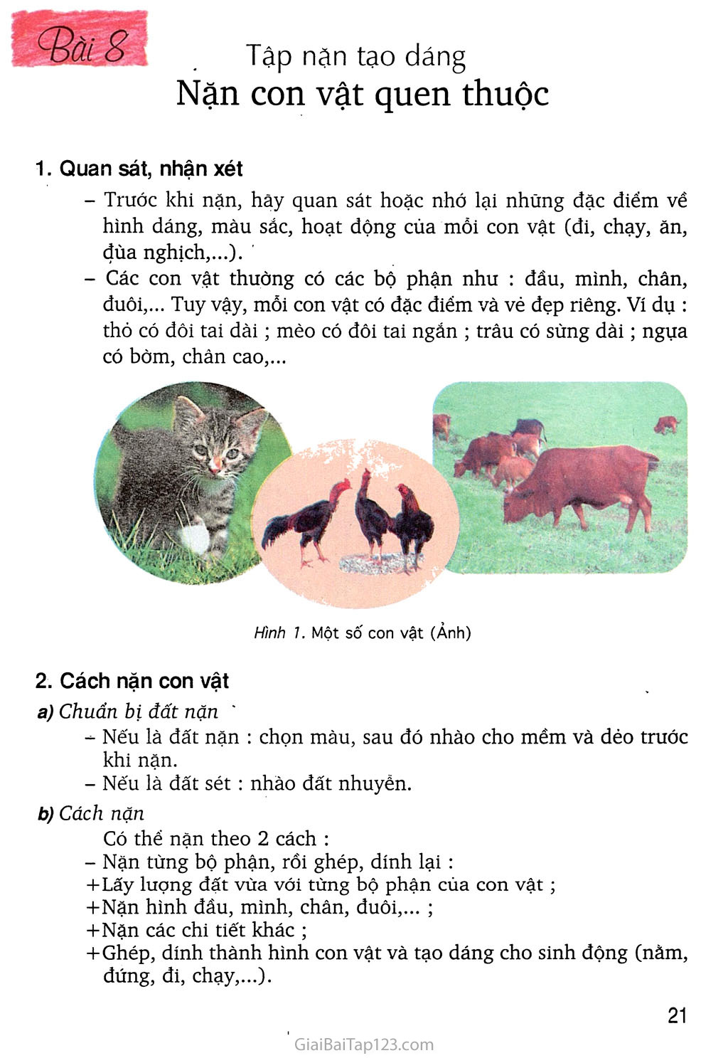Bài 8: Tập nặn tạo dáng Nặn con vật quen thuộc trang 1