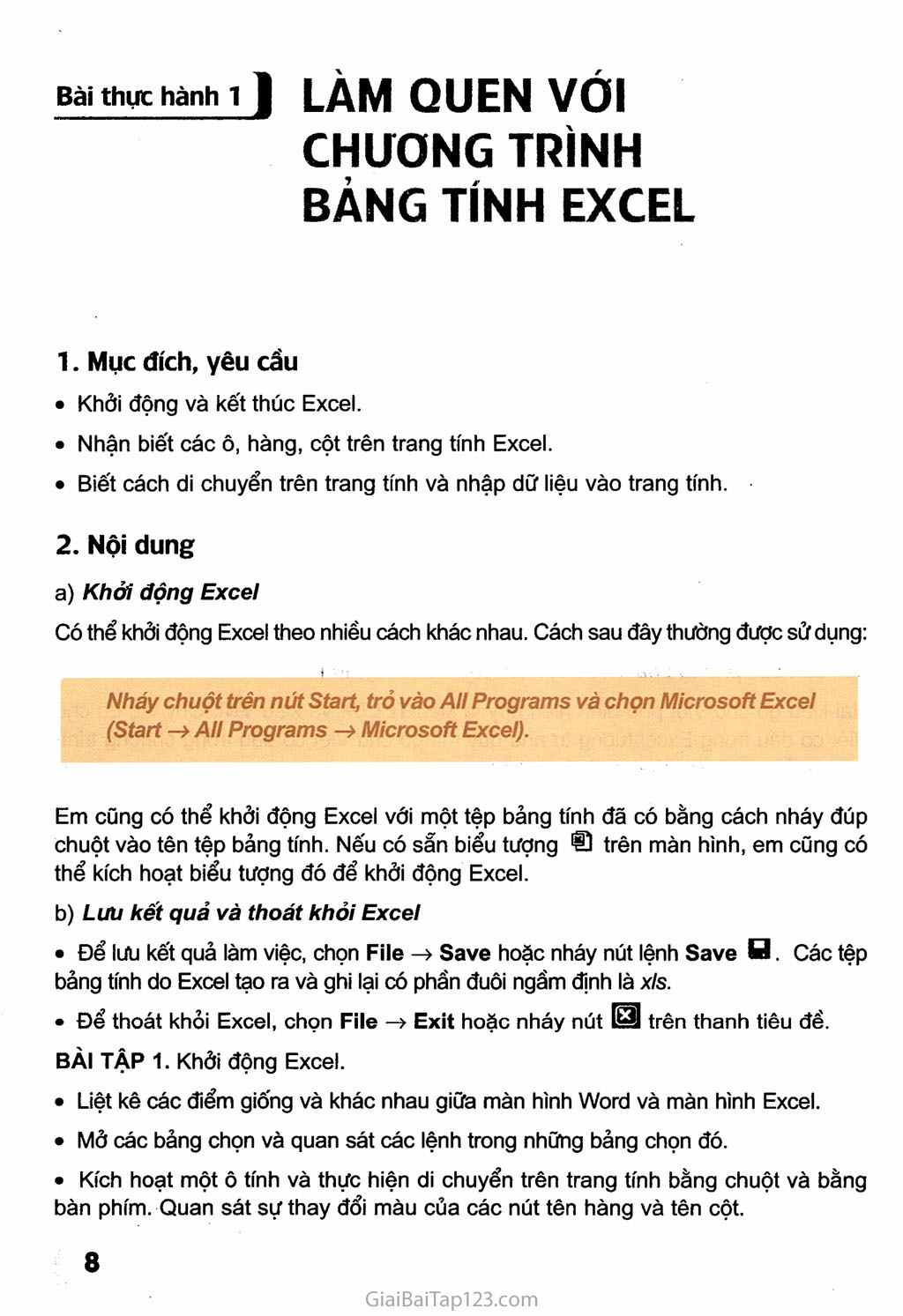 Bài thực hành 1. Làm quen với chương trình bảng tính Excel trang 1