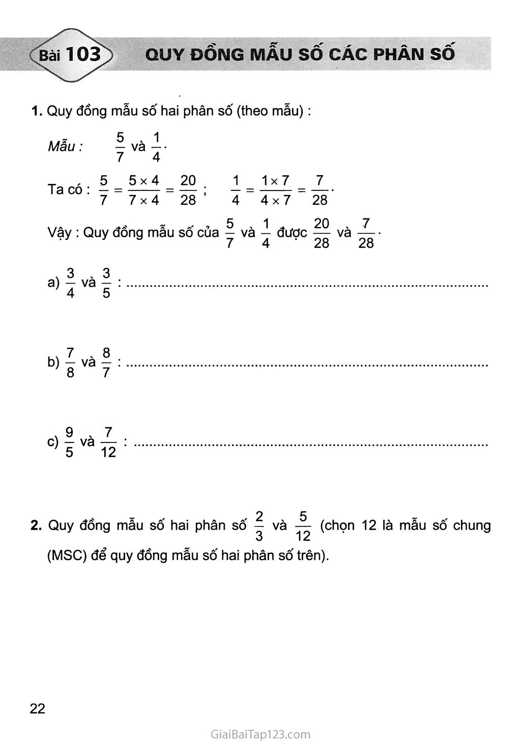 SGK Vở bài tập Toán 4 - Bài 103: Quy đồng mẫu số các phân số