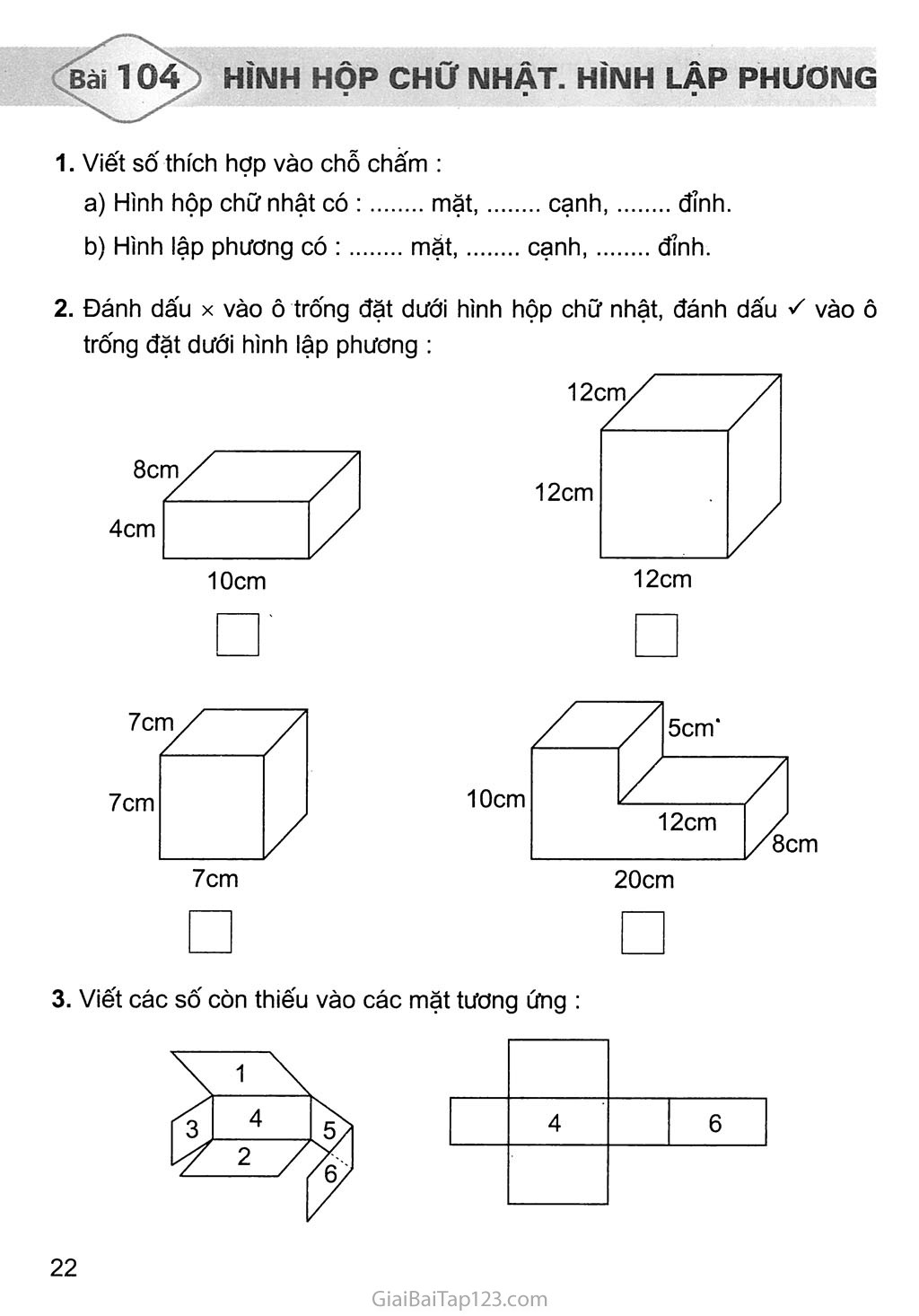 SGK Vở bài tập Toán 5 - Bài 104: Hình hộp chữ nhật. Hình lập phương
