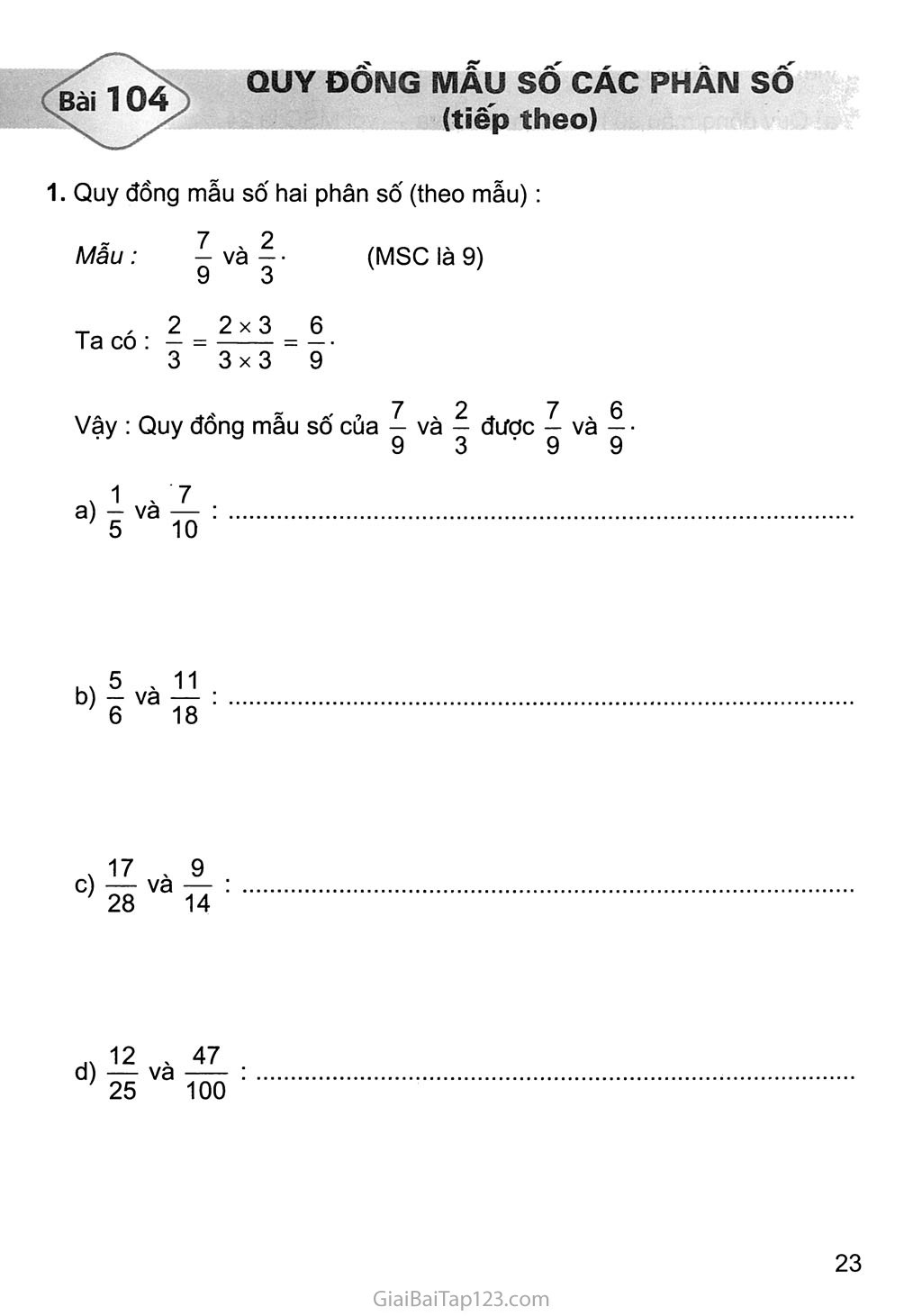 SGK Vở bài tập Toán 4 - Bài 104: Quy đồng mẫu số các phân số (tiếp ...