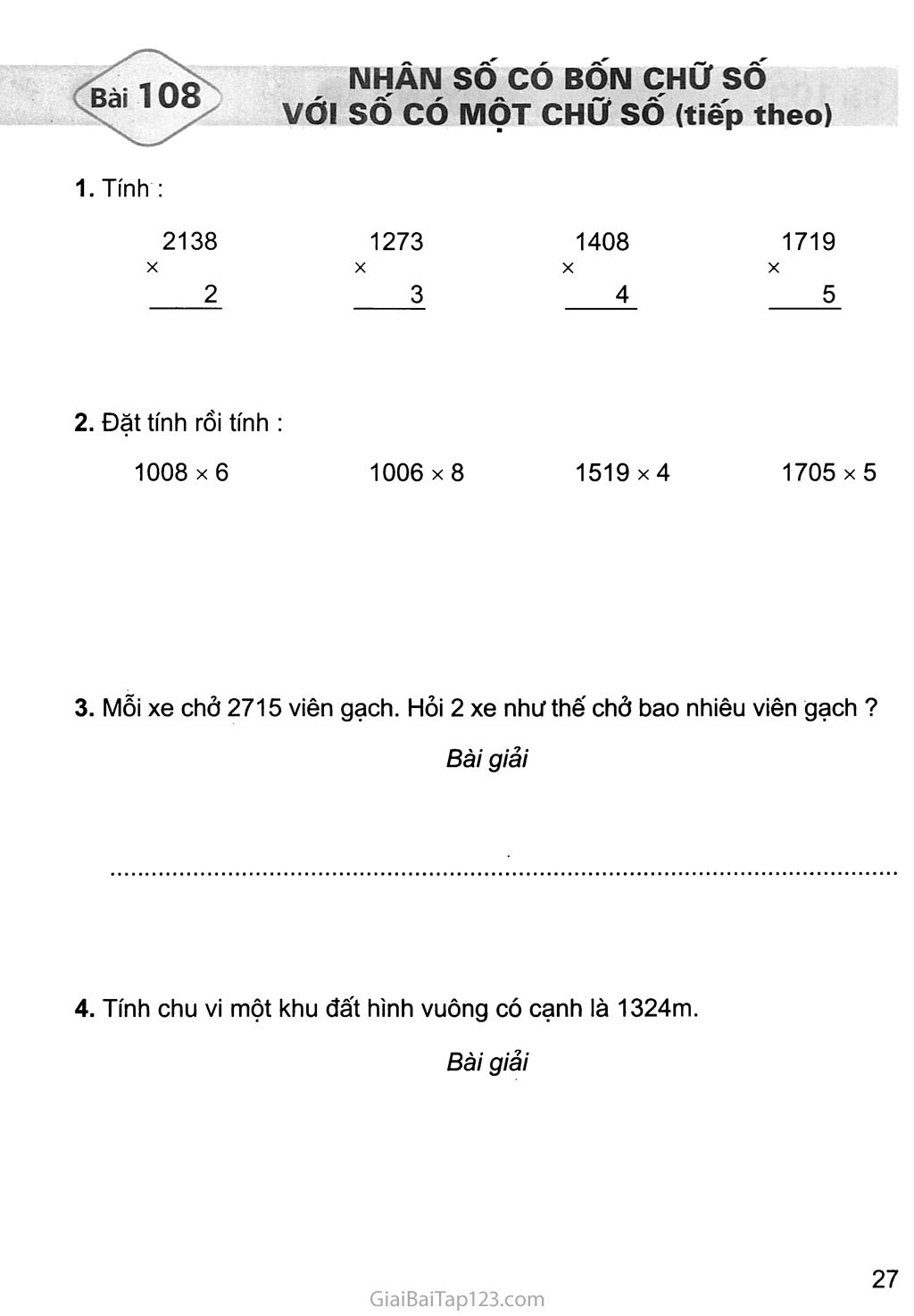 Bài 108: Nhân số có bốn chữ số với số có một chữ số (tiếp theo) trang 1