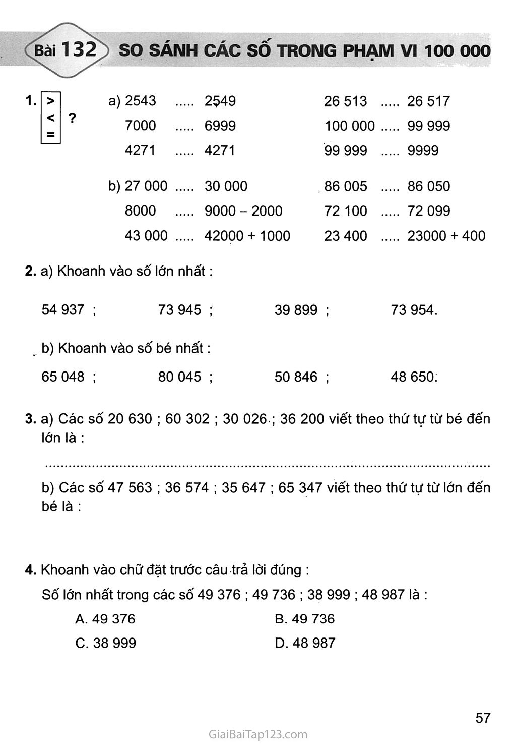 Bài 132: So sánh số các số trong phạm vi 100 000 trang 1