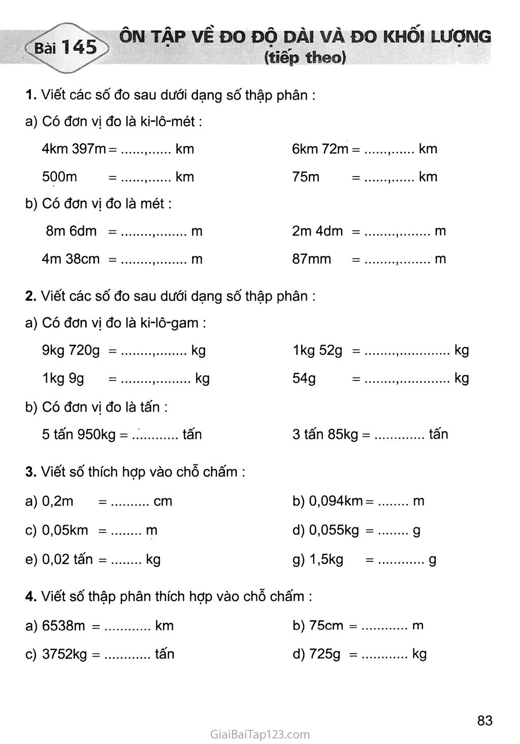 Bài 145: Ôn tập về đo độ dài và đo khối lượng (tiếp theo) trang 1