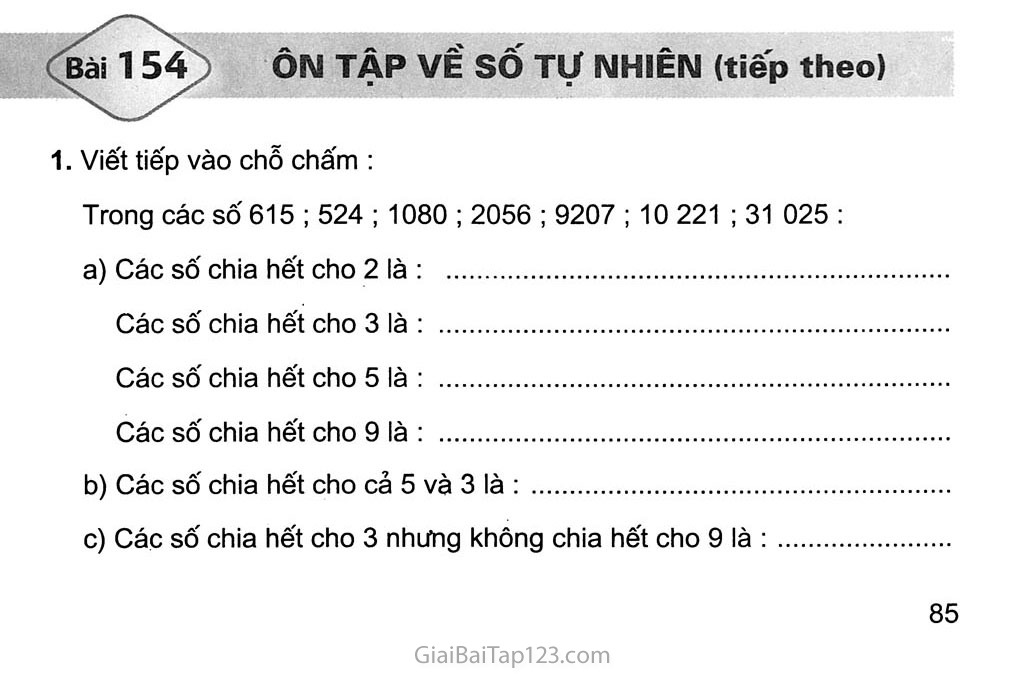 Bài 154: Ôn tập về số tự nhiên (tiếp theo) trang 1 Bài 154: Ôn tập về số tự nhiên (tiếp theo) trang 1